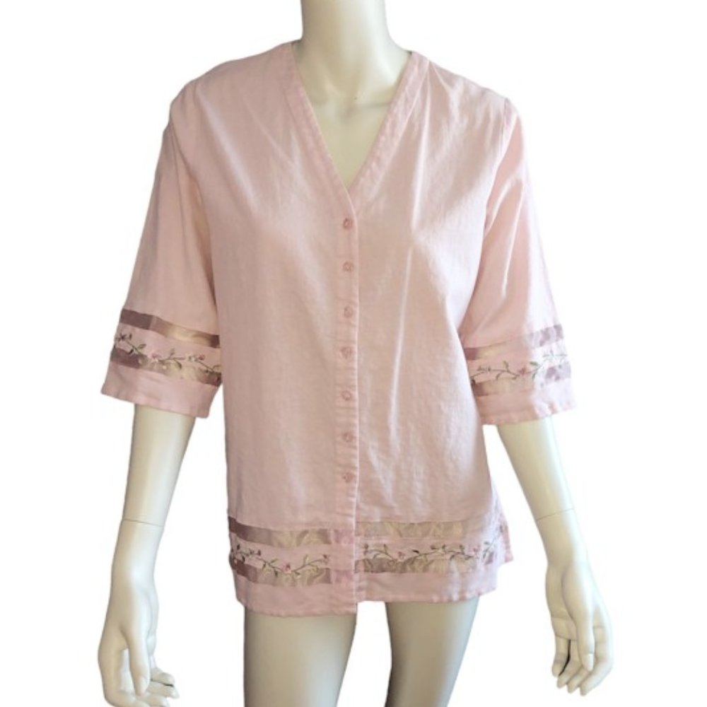 Jordan Pale Pink Embroidered Linen Blend Button Down Blouse – Size L